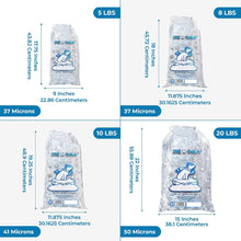 Load image into Gallery viewer, 8lb Ice Bags with Cotton String Drawstring – 37 Micron Commercial Food Grade LDPE, BPA-Free, Freezer Safe Plastic, 11" x 18", UPC Barcode & Store ID, Bolsas Hielo, Bolsas Para Hielo, Ice Cube Machine Storage Bag – Wholesale