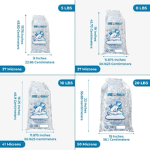 Load image into Gallery viewer, 10lb Ice Bags with Cotton String Drawstring – 41 Micron Heavy Duty Commercial Food Grade LDPE, BPA-Free, Freezer Safe Plastic, 11" x 19", UPC Barcode & Store ID, Bolsas Hielo, Bolsas Para Hielo, Ice Cube Machine Storage Bag – Wholesale