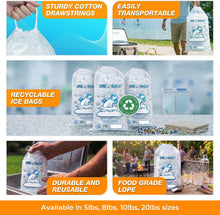 Load image into Gallery viewer, 8lb Ice Bags with Cotton String Drawstring – 37 Micron Commercial Food Grade LDPE, BPA-Free, Freezer Safe Plastic, 11" x 18", UPC Barcode & Store ID, Bolsas Hielo, Bolsas Para Hielo, Ice Cube Machine Storage Bag – Wholesale