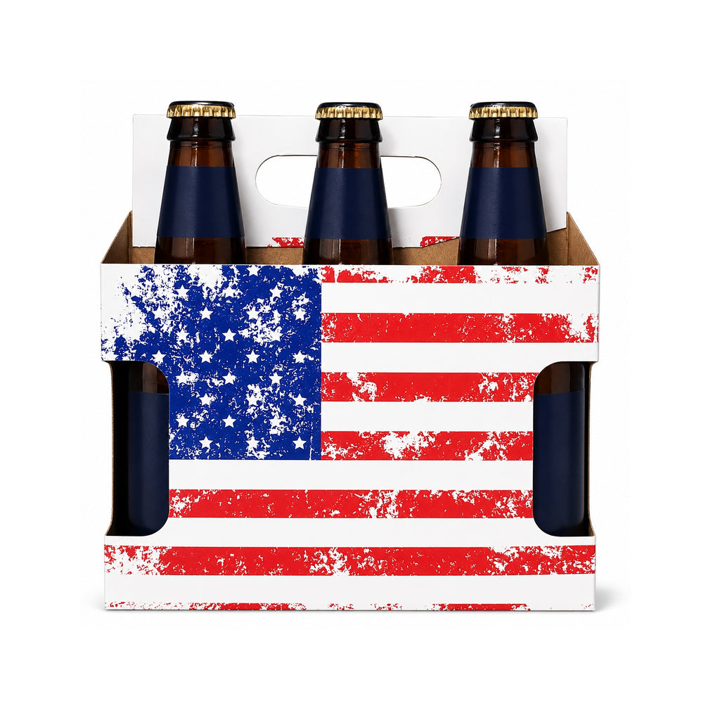 6pk Bottle Cardboard Carrier for 12oz Bottles | Die-Cut Window | American Flag (Pack of 150)
