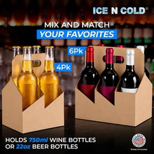 Load image into Gallery viewer, 4pk Cardboard Wine Bottle Carrier (Kraft Brown) - 750ml &amp; 22oz Wine &amp; Beer Bottles
