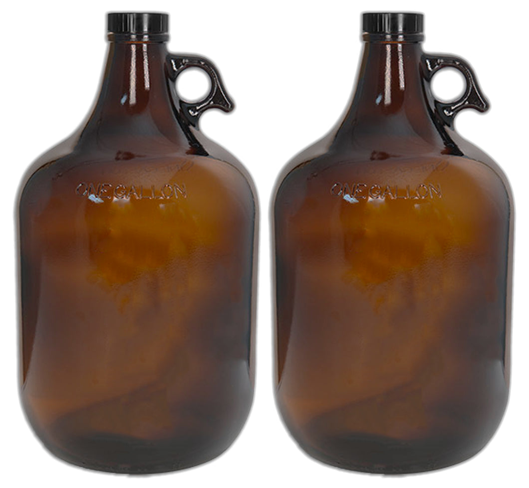 1 Gallon (128 oz) Amber Glass Jug/Growler With 38mm Black Polyseal Lid & Cap | Pack of Two
