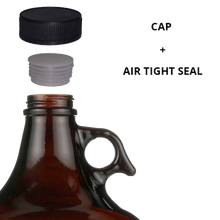 Load image into Gallery viewer, 1 Gallon (128 oz) Amber Glass Jug/Growler With 38mm Black Polyseal Lid &amp; Cap | Pack of Two
