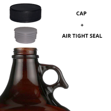 Load image into Gallery viewer, 1 Gallon (128 oz) Amber Glass Jug/Growler With 38mm Black Polyseal Lid &amp; Cap
